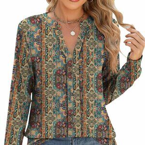 TEMOFON Floral Split V Neck Blouse XL